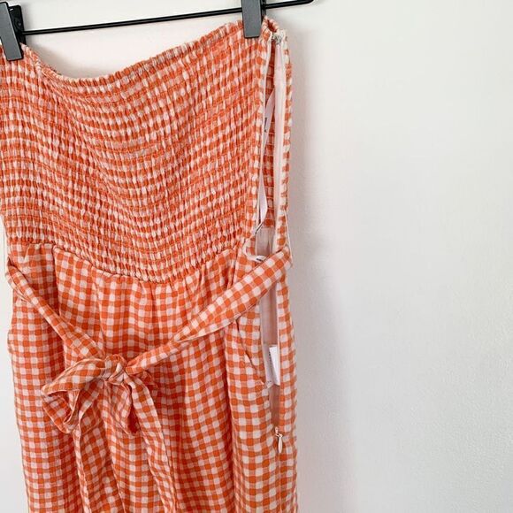 MINKPINK orange gingham picnic smocked strapless wide leg jumpsuit - Picture 10 of 11